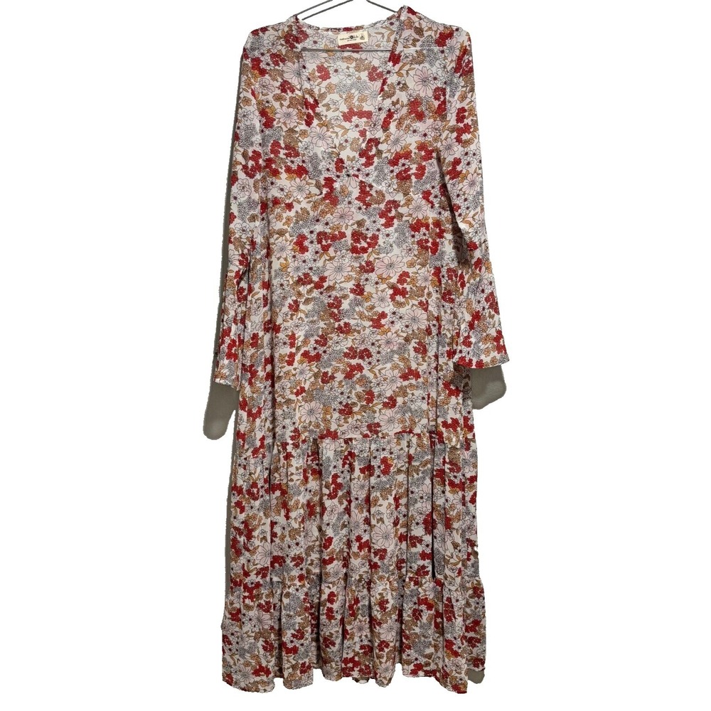 Natural Life Womens Floral V-Neck Tiered Maxi Dress Bell‎ Sleeve Red Orange M